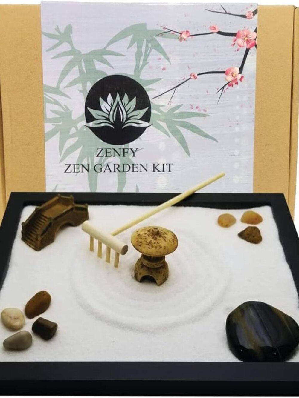 Zen Sand Garden for Desk with Rake, Rocks and Figures Medium